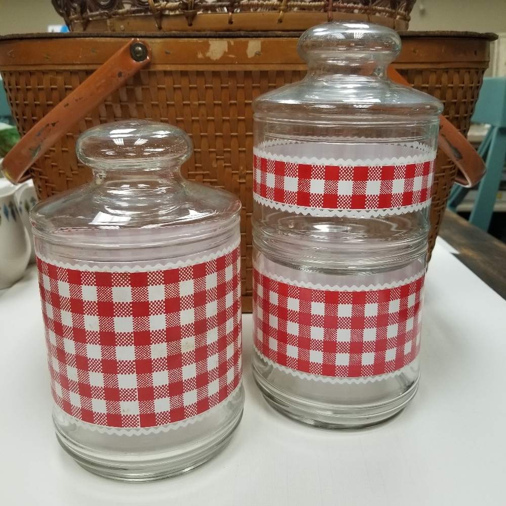 Vintage Red Gingham Glass Kitchen Canister Set